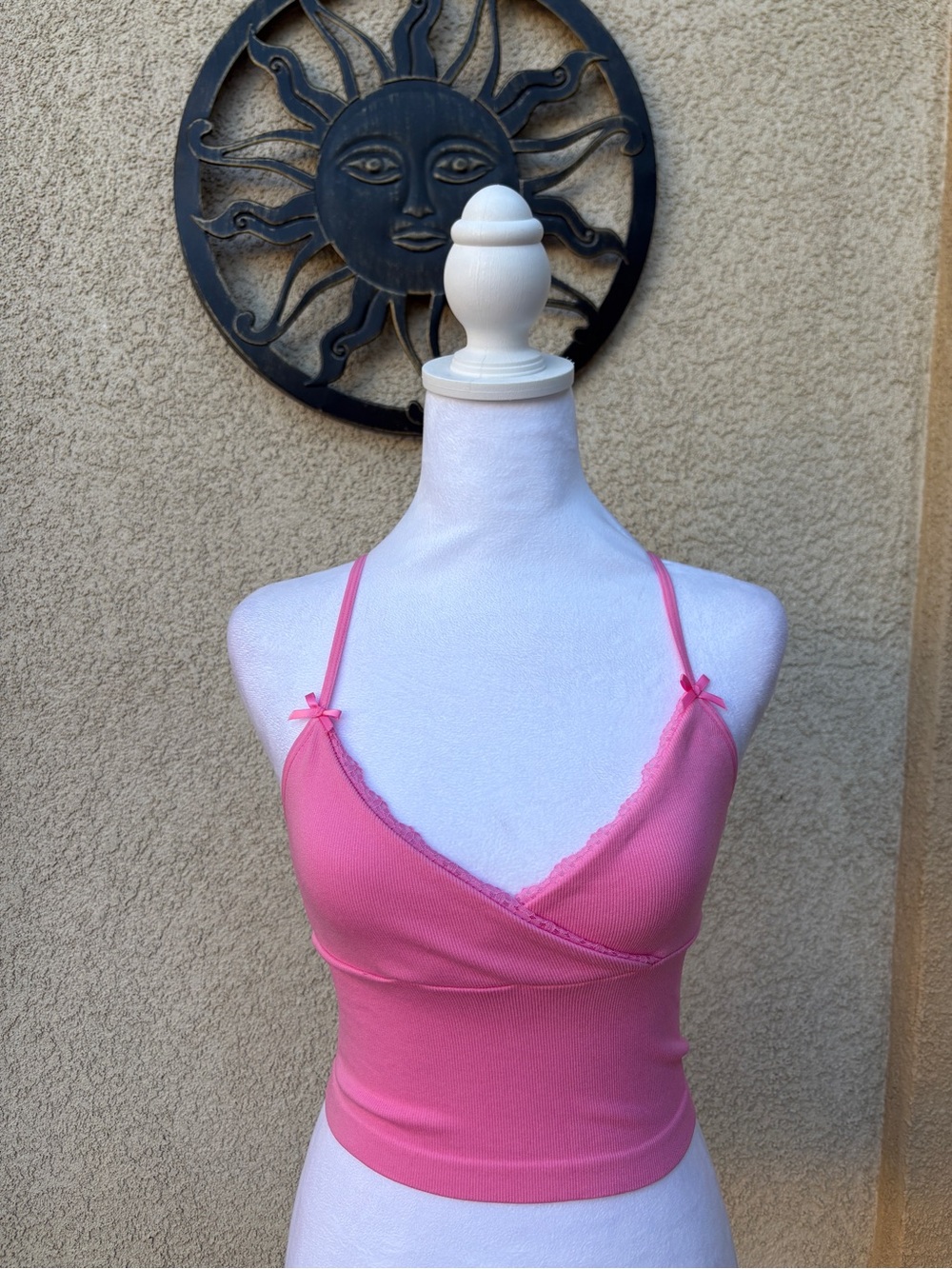 Anwnd NWT Pink Ribbed Bow Crop Top Lace Trim Coquette Fairycore Cami